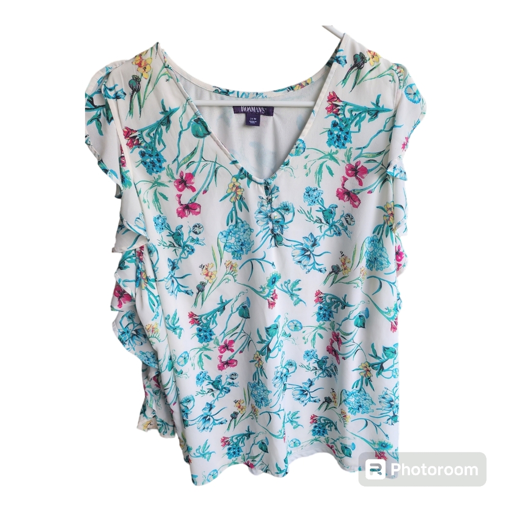 Roamans lightweight lines short sleeve flutter sleeve blouse 24 w